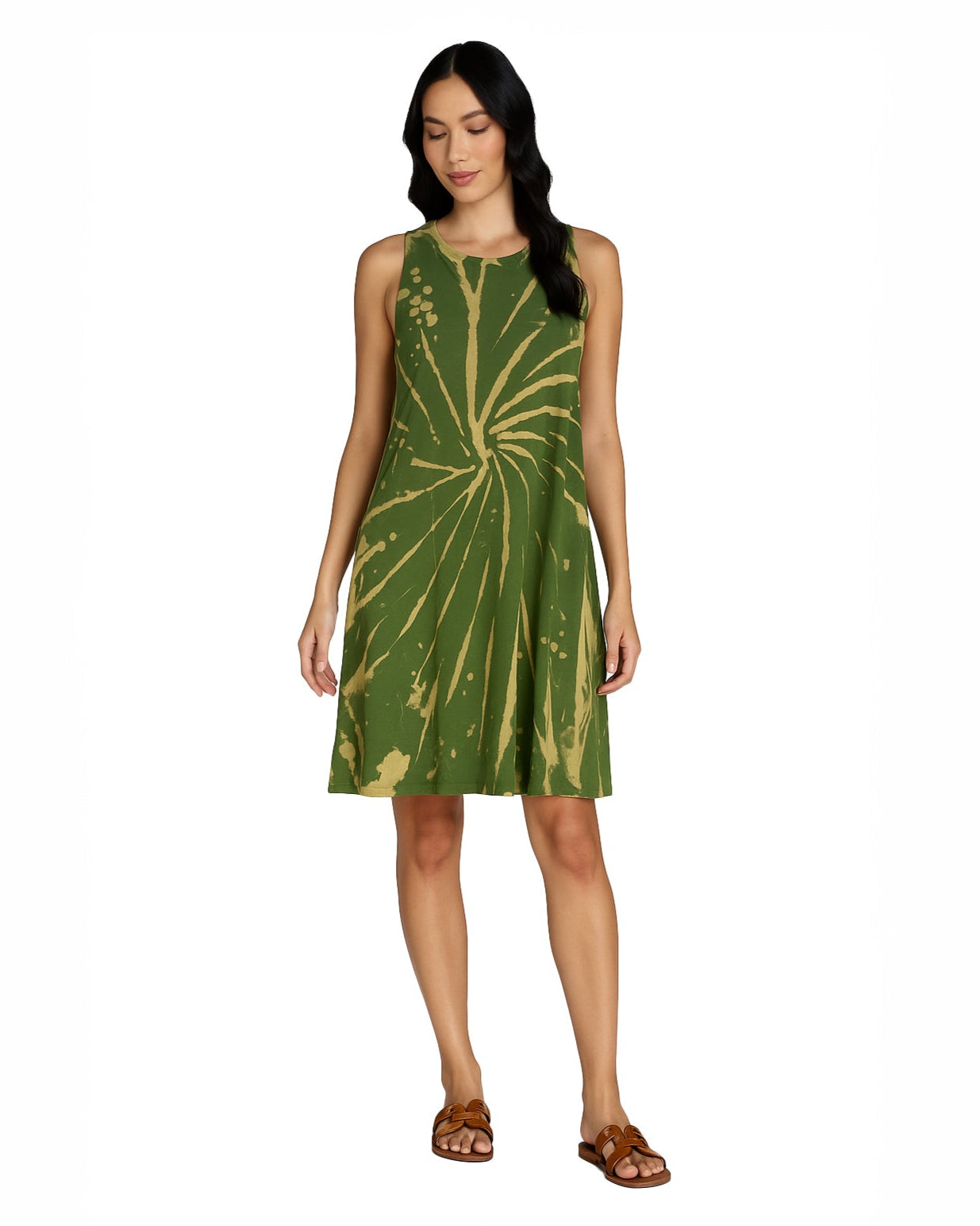 Woman wearing a green tie-dye dress on a white background