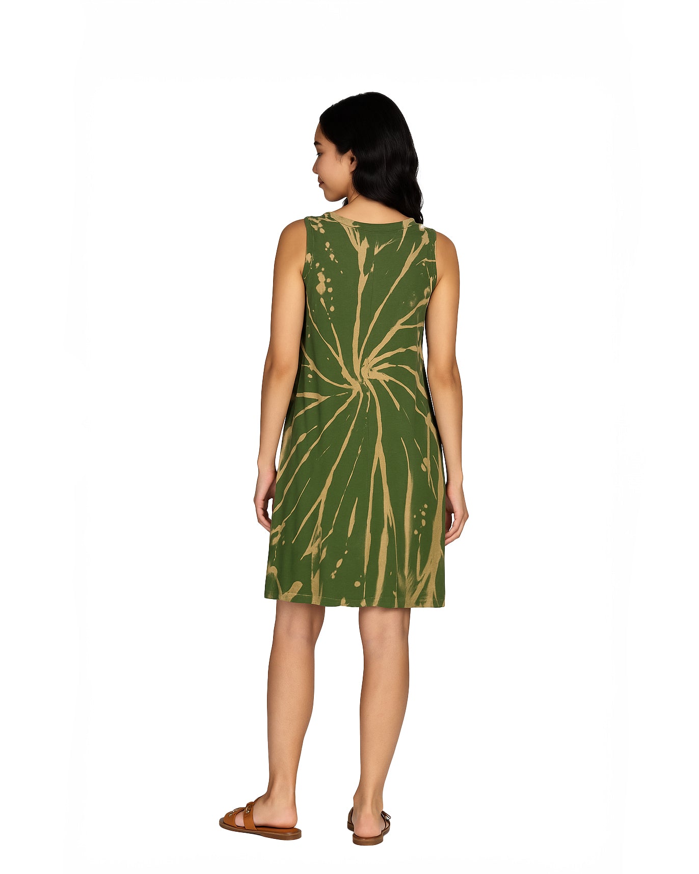 Olive Green Bleached Tie-Dye Sleeveless Dress with Pockets