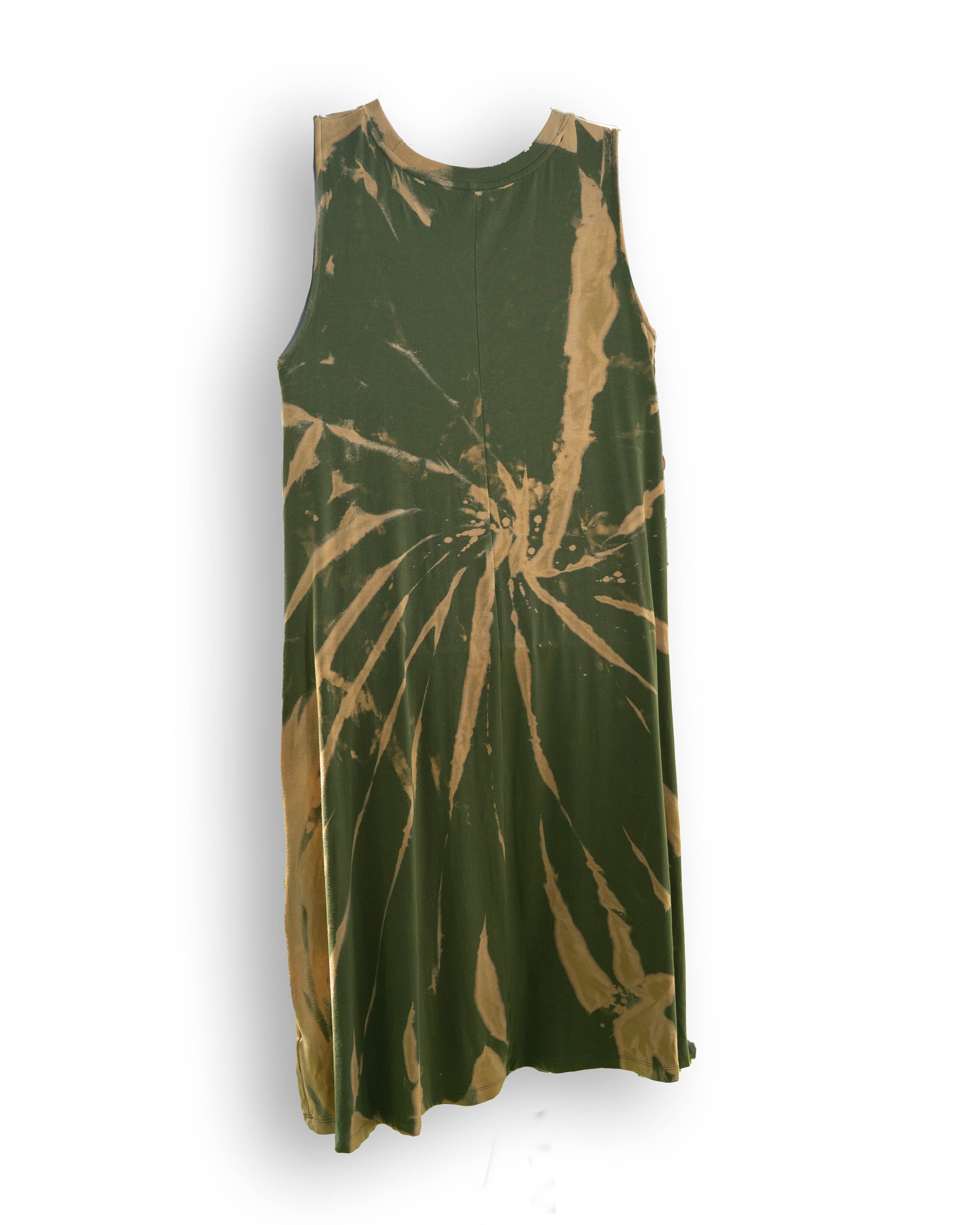 Olive Green Bleached Tie-Dye Sleeveless Dress with Pockets
