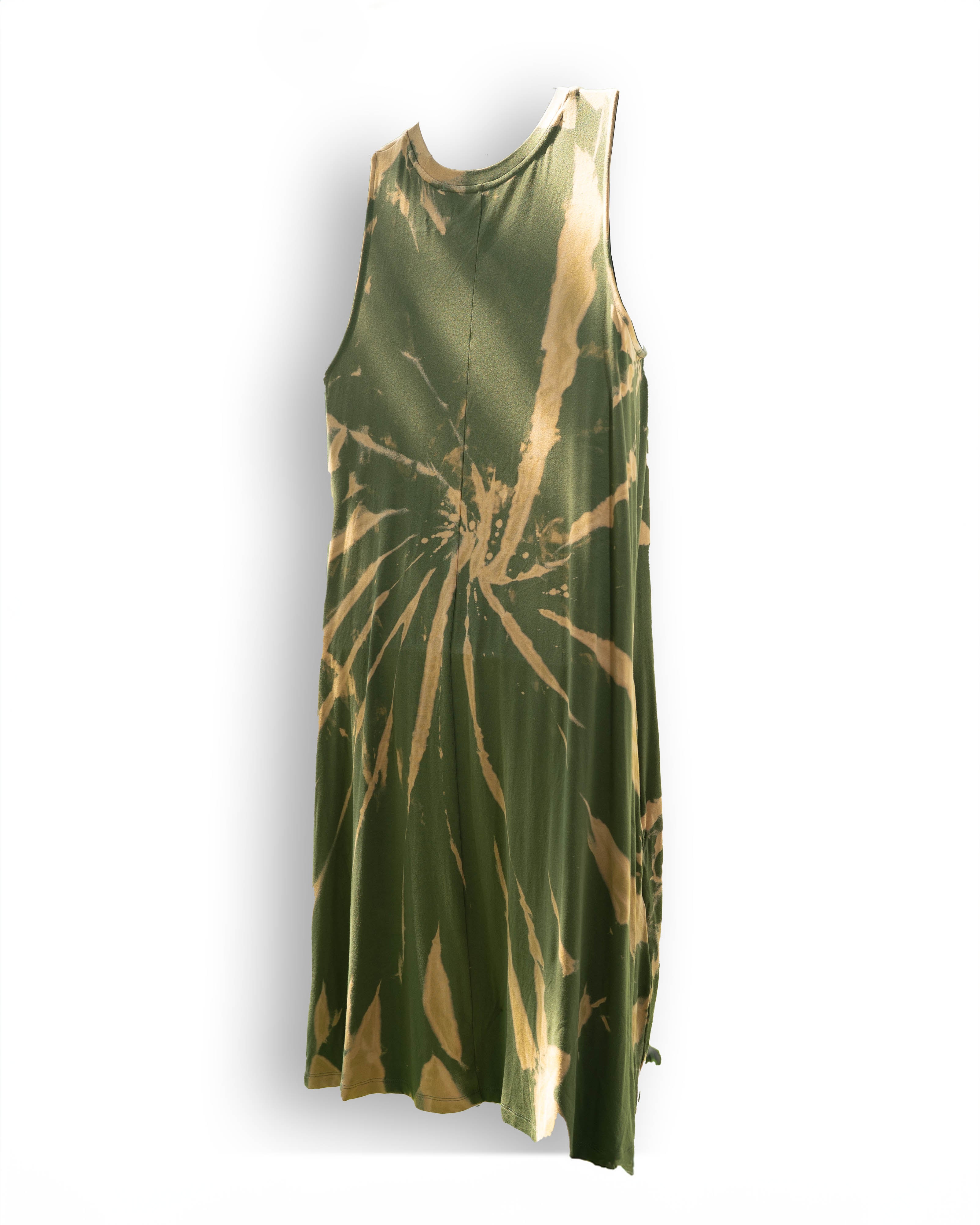 Olive Green Bleached Tie-Dye Sleeveless Dress with Pockets