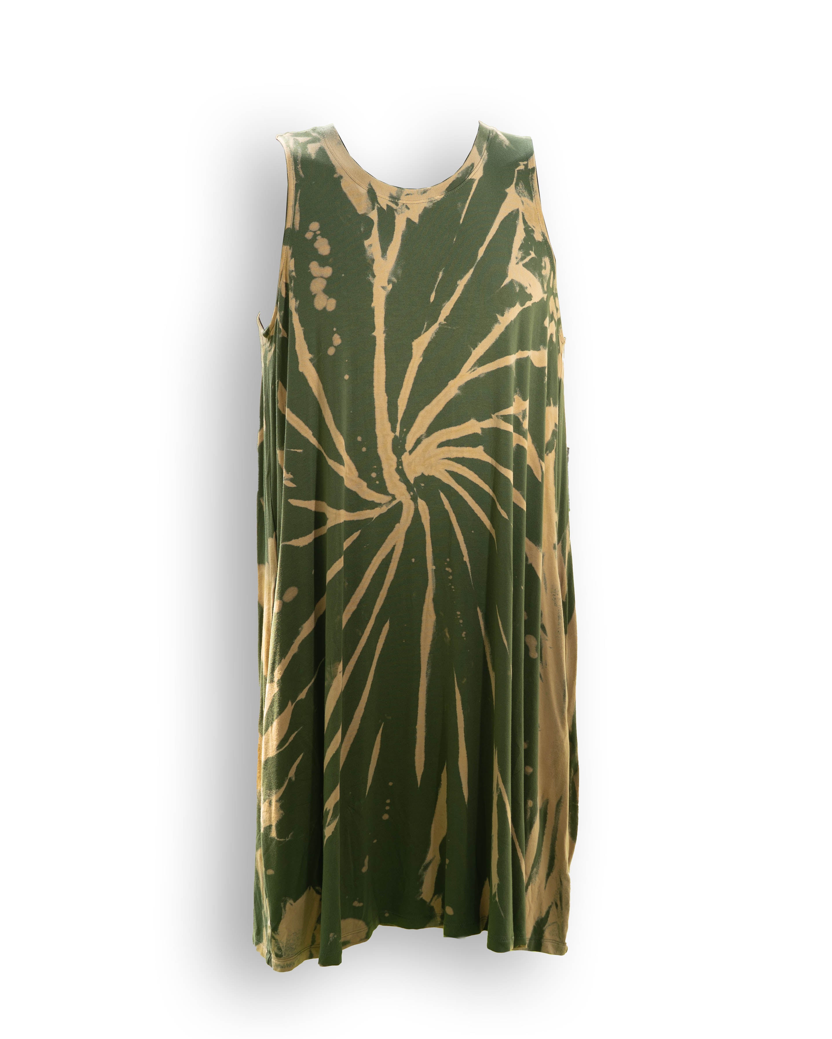 Olive Green Bleached Tie-Dye Sleeveless Dress with Pockets